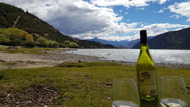 376-Wanaka-200.jpg - Terug beneden op de camping wacht een lekker gekoeld Nieuw-Zeelands wijntje op ons.